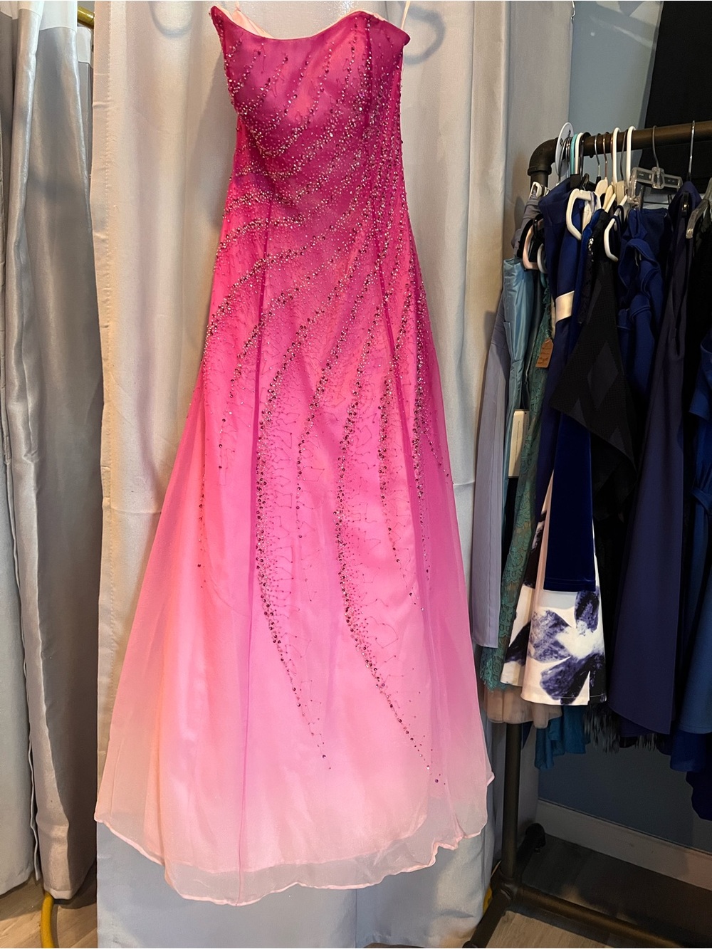 Riva Designs Pink Ombre Beaded Strapless Prom Gown